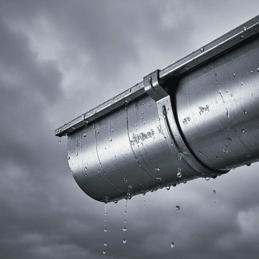 Seamless gutter section with heavy-duty hanger and water running over the edge