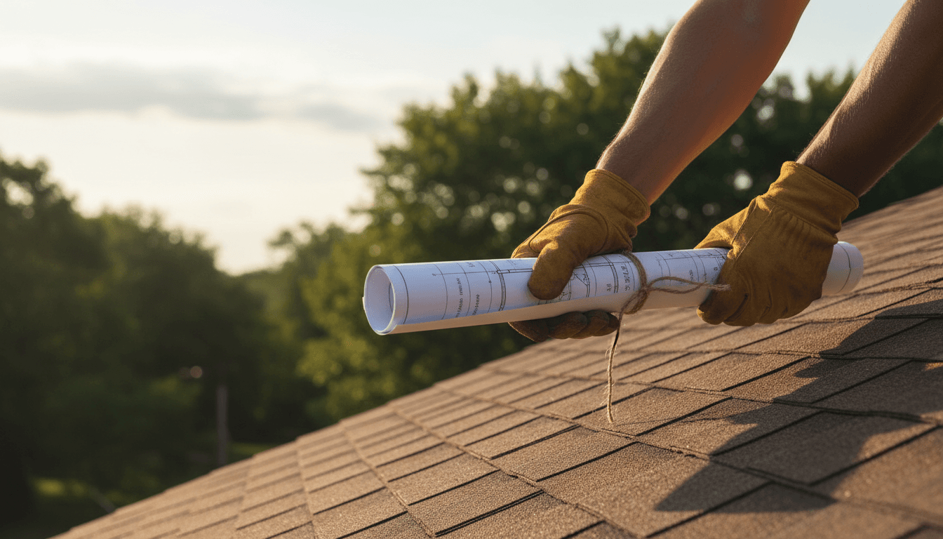 Contractor's hands holding a blueprint on a rooftop at golden hour