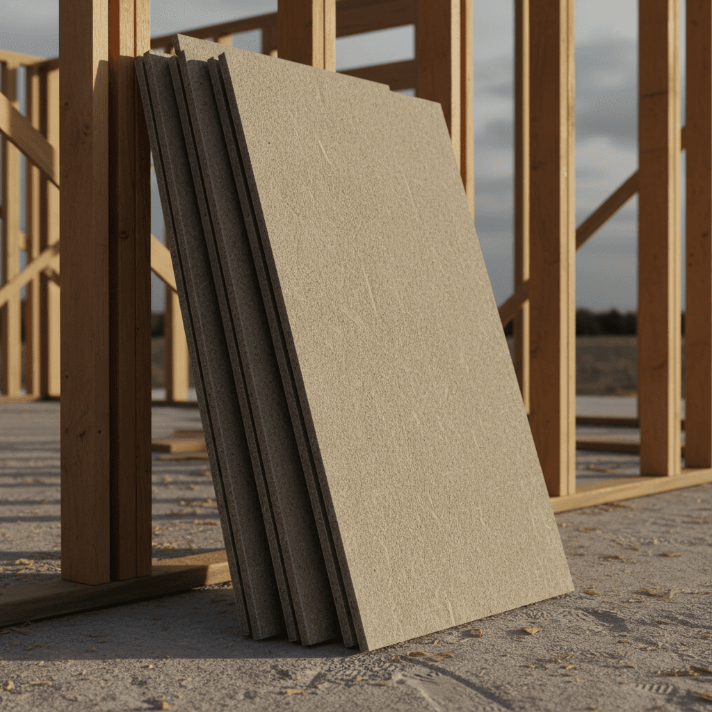 Fiber cement siding planks leaning against a house frame during construction