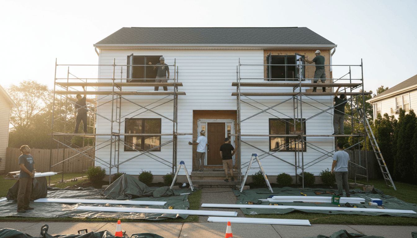 Worker cutting vinyl siding on a residential job site