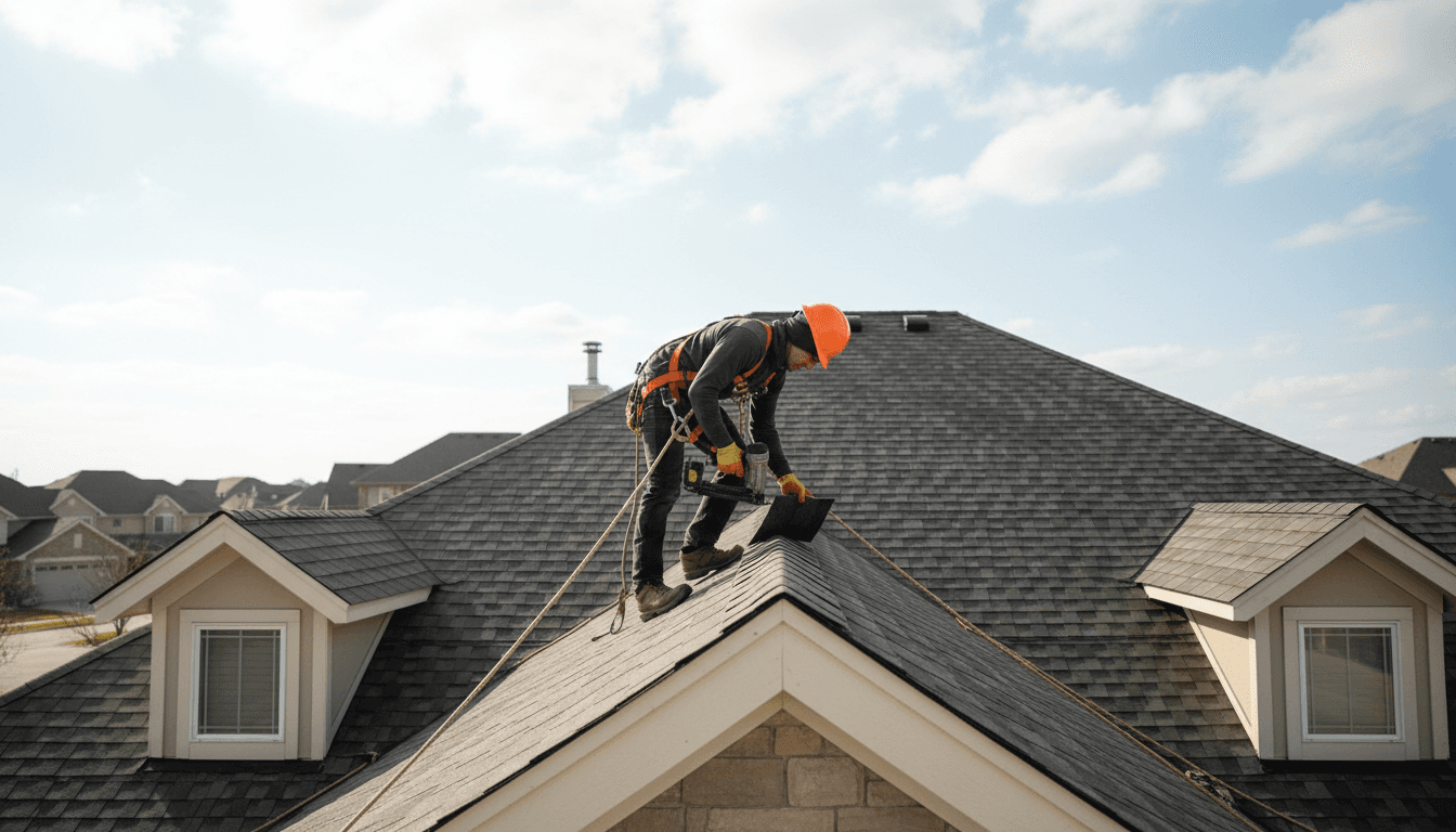 Contractor on a residential roof inspecting shingles on a sunny day