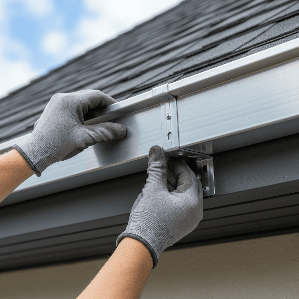 Close-up of seamless gutter being installed on a house