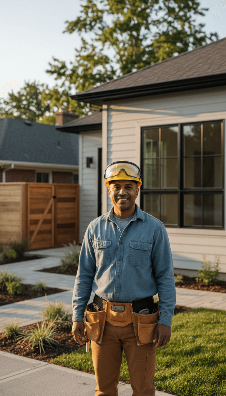 Contractor standing by a pickup truck with a tablet