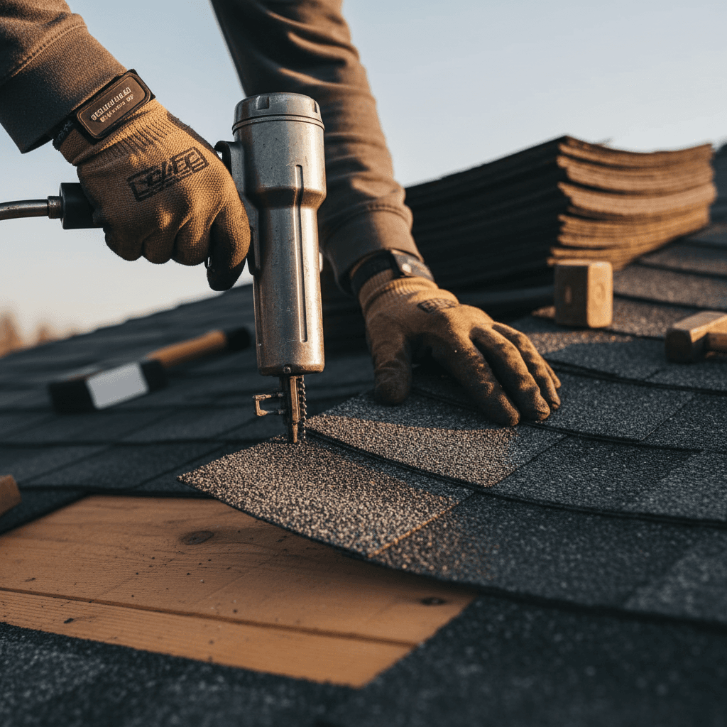 Worker's hands installing a roofing shingle on a residential home