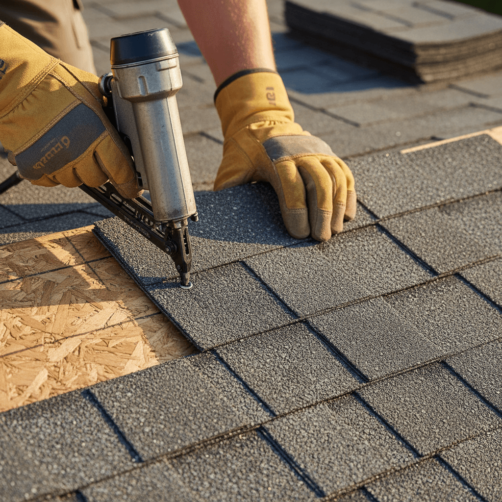 Close-up of contractor installing roof shingle with hammer