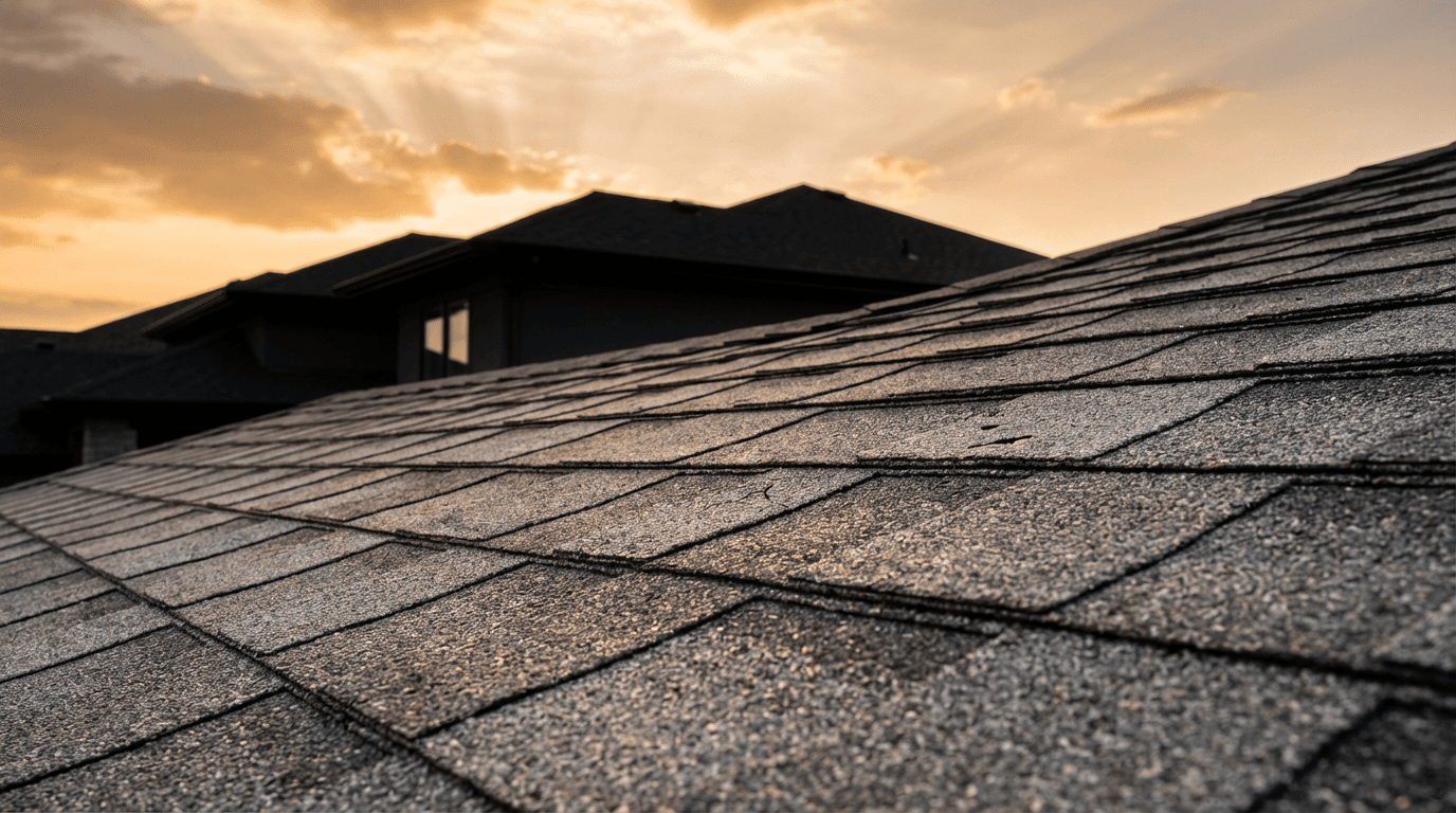 Close-up of roofing tools on a residential rooftop with a blue sky in the background