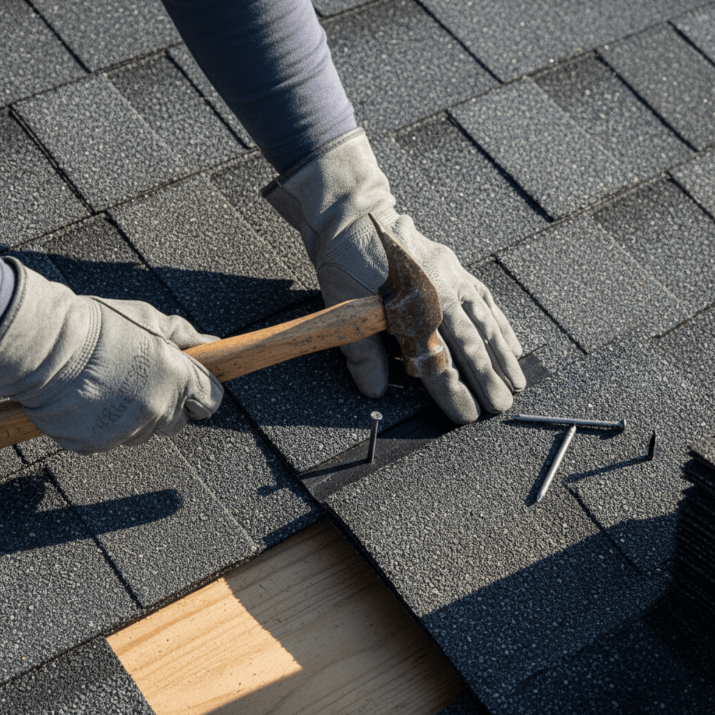 Roofer's hands laying asphalt shingles on a roof